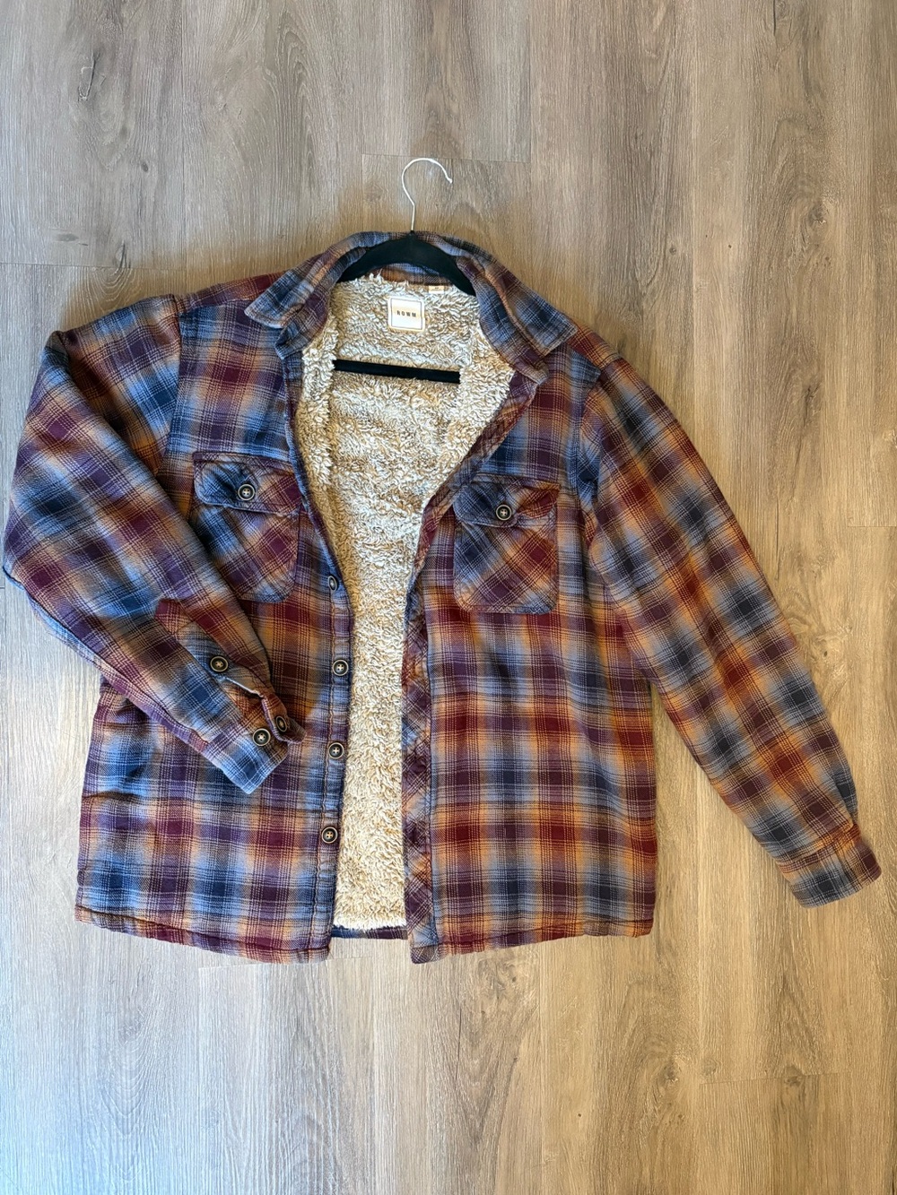 ROWM Plaid Sherpa-Lined Shirt Jacket in Blue and Brown